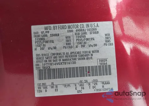 1999 Ford Ranger Xl/Xlt из США, поврежденный, VIN 1FTYR14V0XTB16120